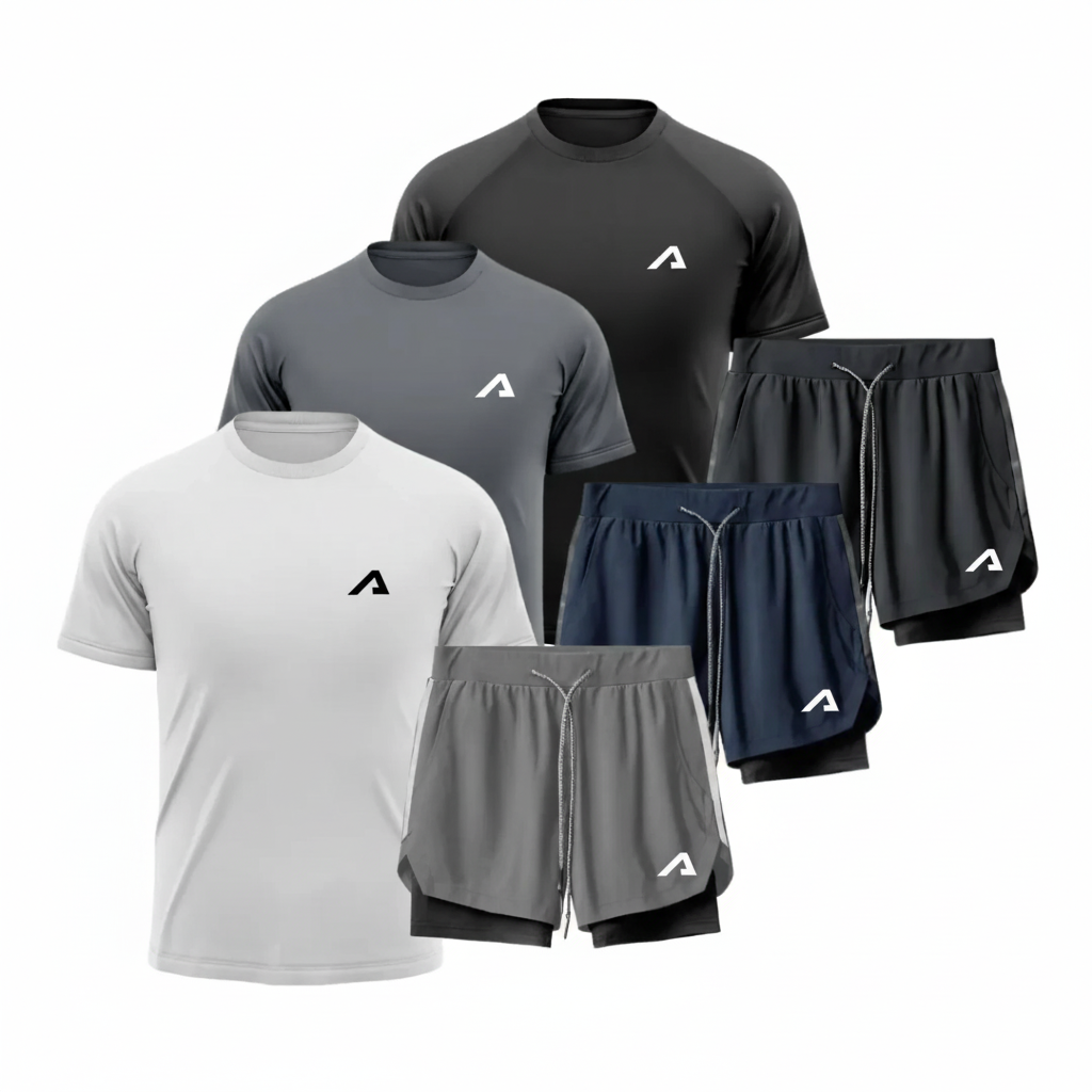 KIT 3 CAMISETAS DRY FIT ALPHA + 3 SHORTS 2 EM 1 DE COMPRESSÃO